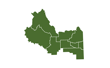 Olive green regional map of Northeast Idaho highlighting Bonneville, Butte, Clark, Custer, Fremont, Jefferson, Lemhi, Madison, and Teton counties.