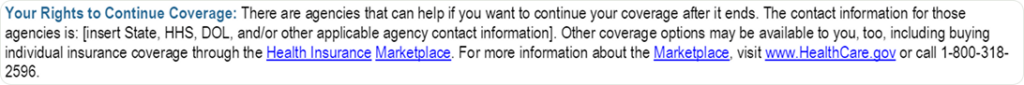 A legal notice outlining rights to continue coverage after it ends, providing resources and directing users to the Health Insurance Marketplace at HealthCare.gov.