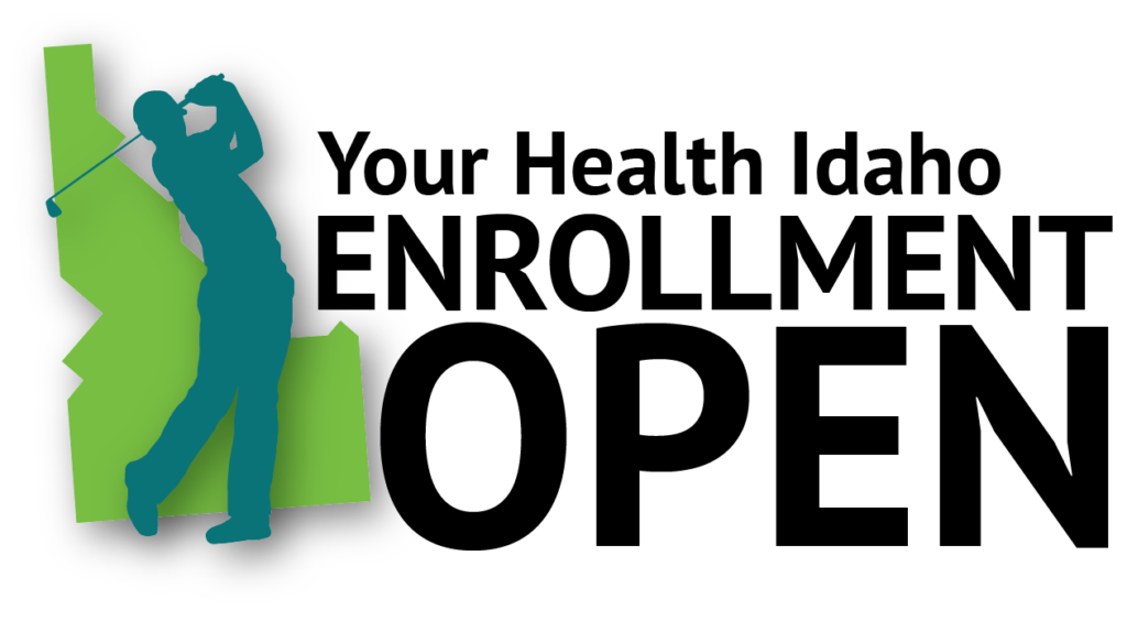 The Your Health Idaho Enrollment Open logo shows a golfer swinging a club, with an outline of Idaho state in the background.