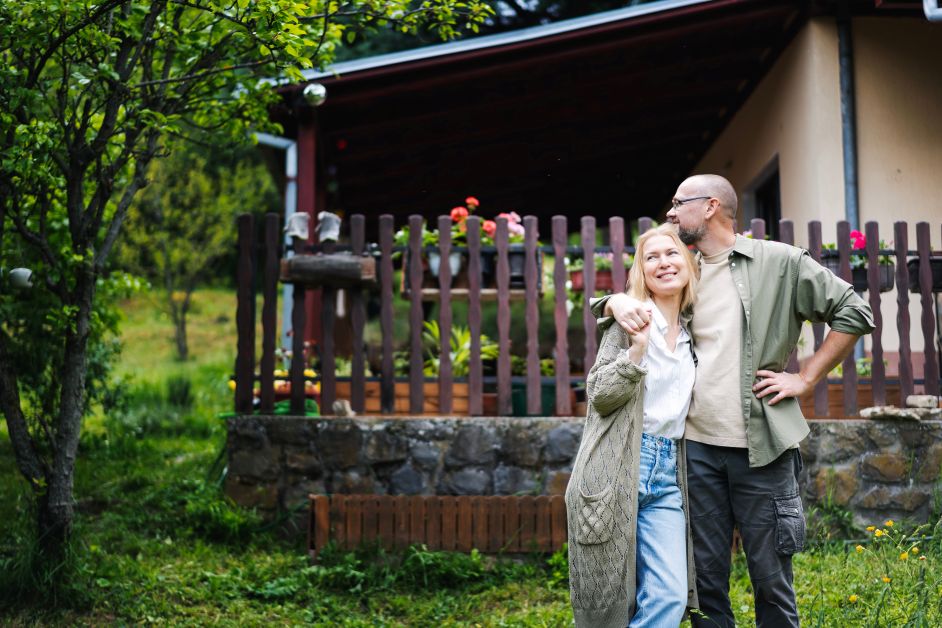 A couple standing outside their country house talking about the health insurance marketplace in Idaho.